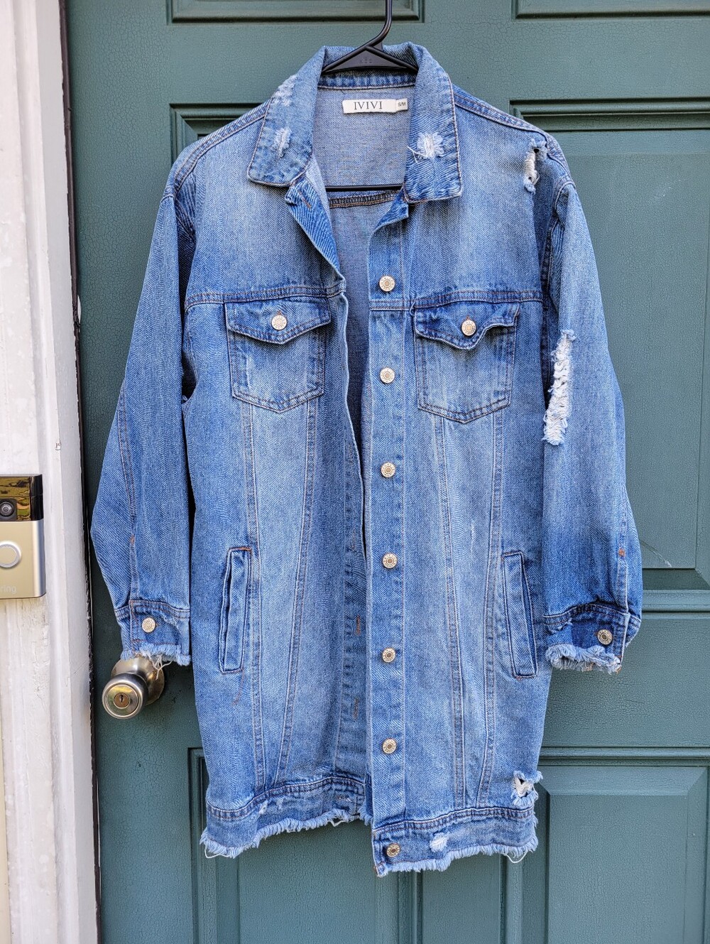 IVIVI Women's S/M Longline Distressed Denim Jacket Oversized Frayed Hem